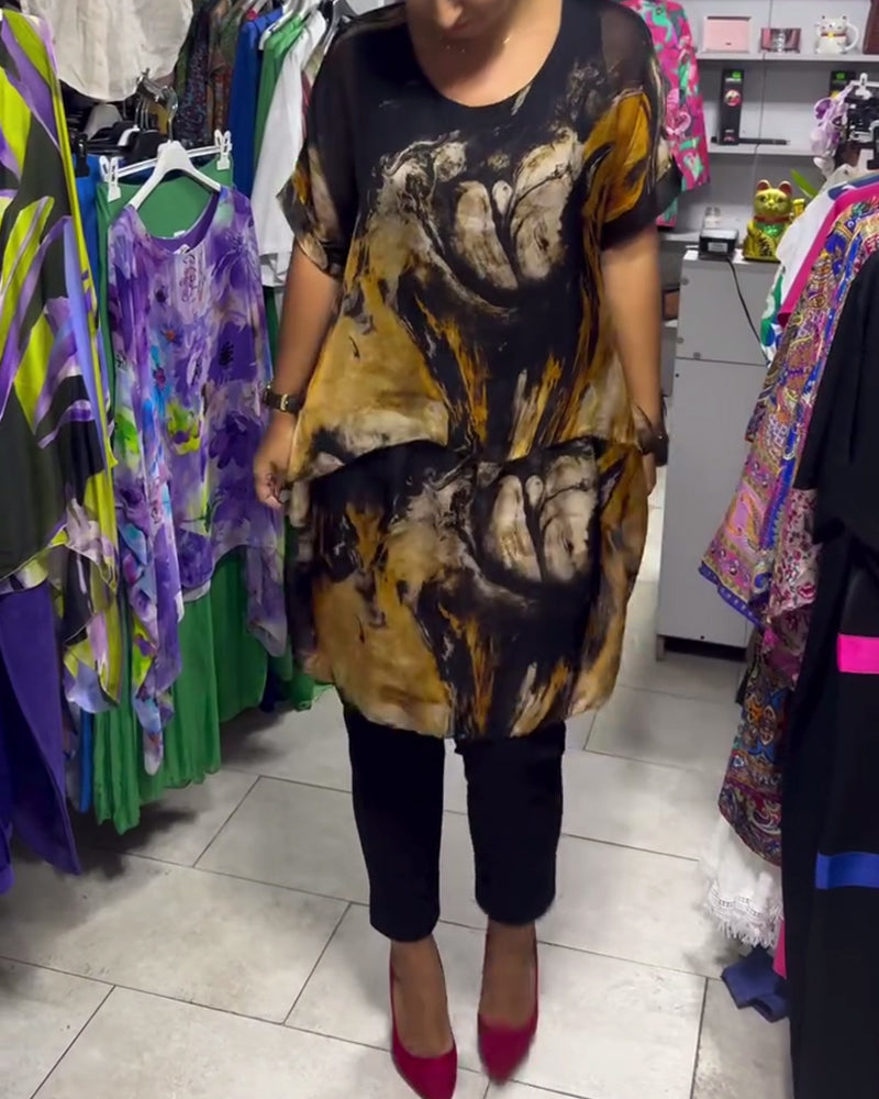 Top Rund Hals Løs Casual Trykt