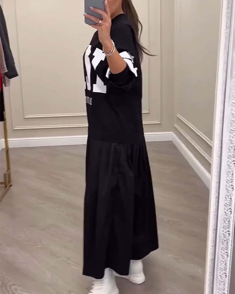 Plisseret Patchwork Kjole Med Bogstaver Casual Sweatshirt