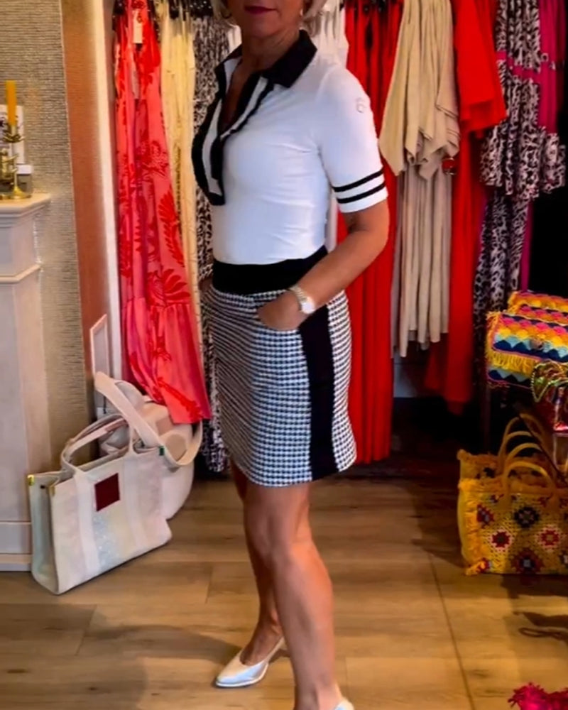 Patchwork kjole med houndstooth-mønstret nederdel