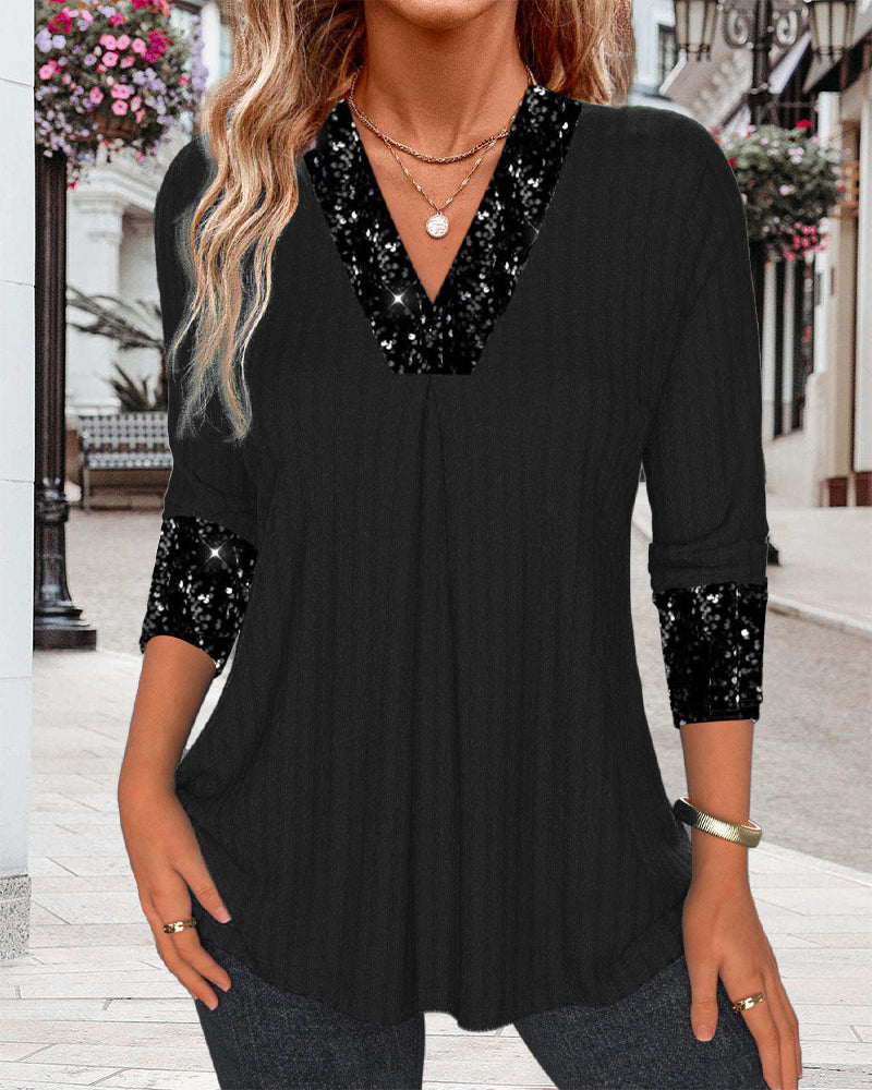 Afslappet ensfarvet patchwork plisseret top med pailletter