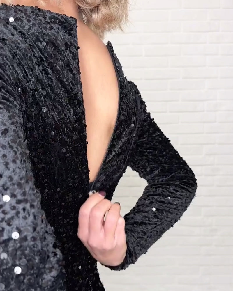 Kjole V-Hals Pailletter Slids Fest