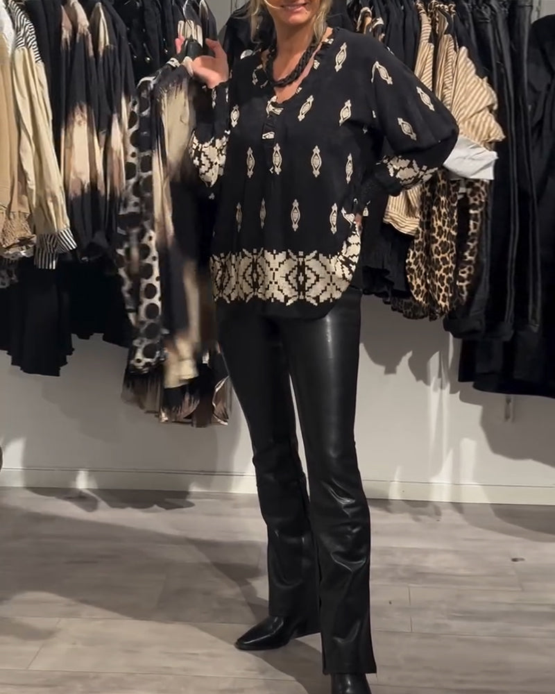 Skjorte v-hals lanterne ærme printet