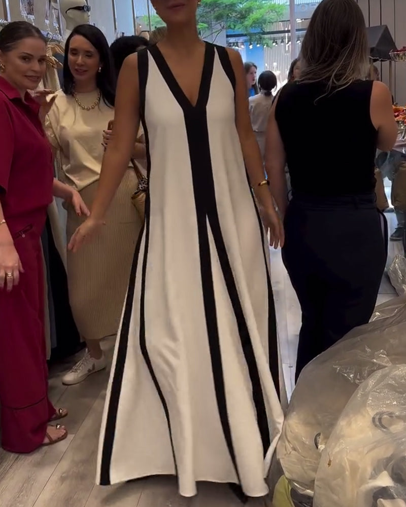 Kjole V-udskæring Ærmeløs Farveblok Løs