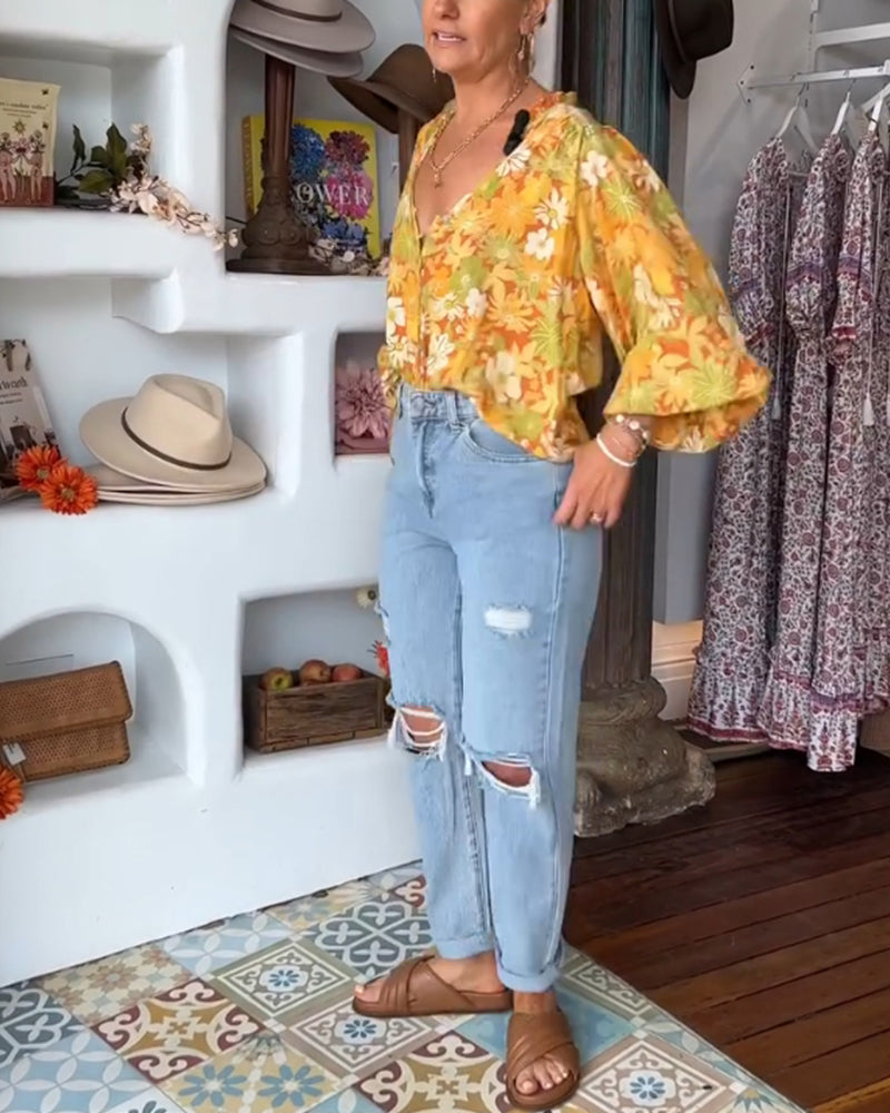 V-halset bluse med blomsterprint