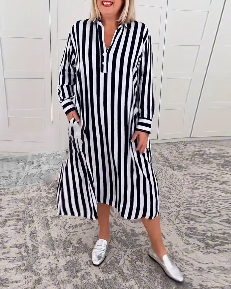 Kjole Revers Stribet Lomme