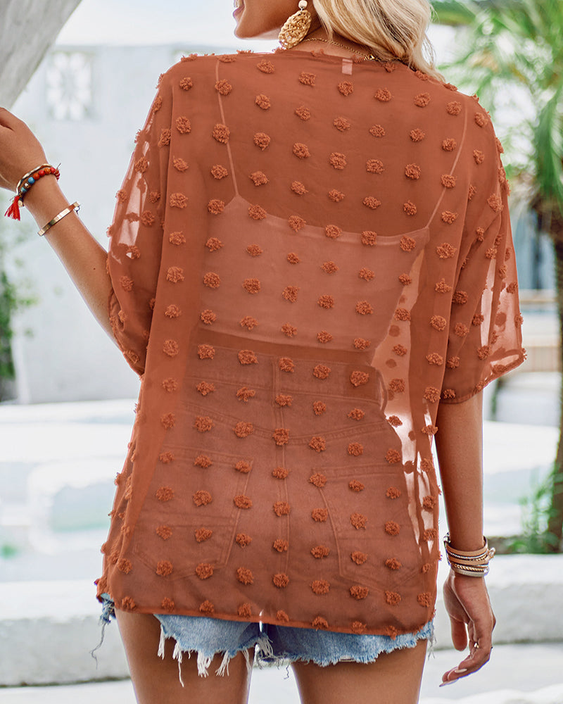 Ensfarvet tynd jacquard cardigan med korte ærmer