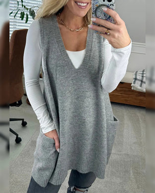 Sweater V-Hals Lomme Strikket Ærmeløs