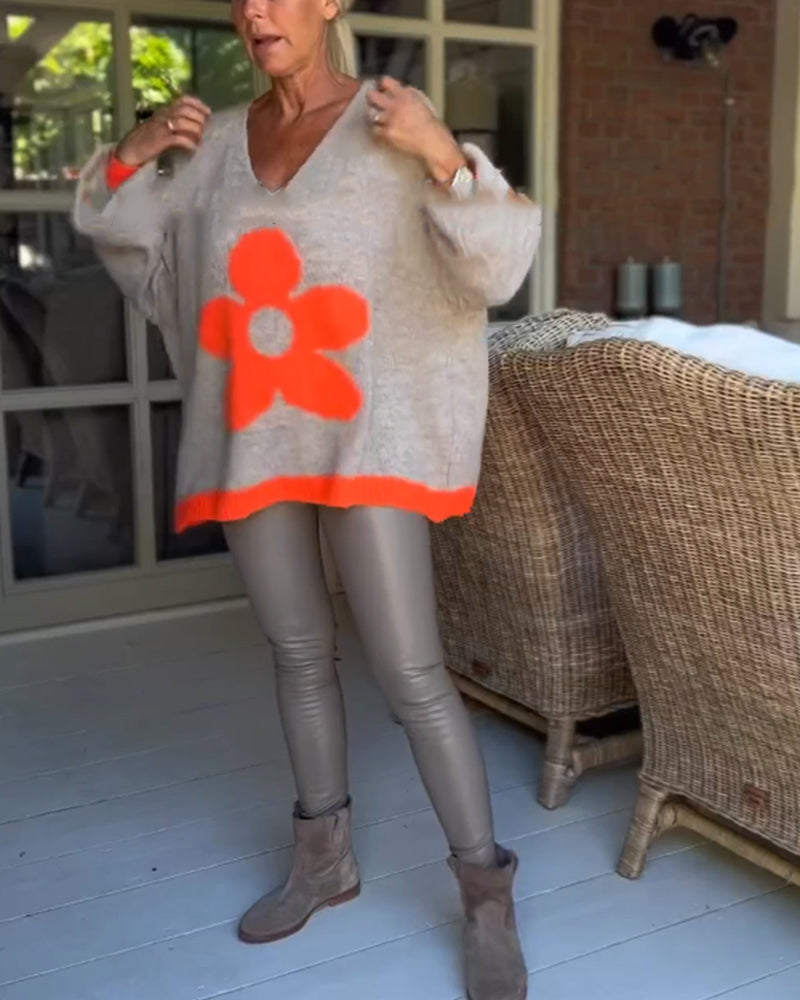 Blomstermønster v-hals sweater