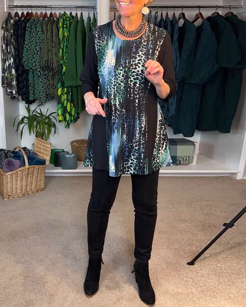 T-shirt afslappet rundhalset leopardprint farveblok