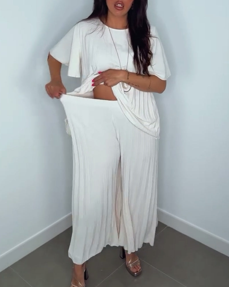 Ribmønstret to-delt sæt | Hvide bukser og bluse