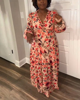 Kjole V-Hals Lange Ærmer Blomster