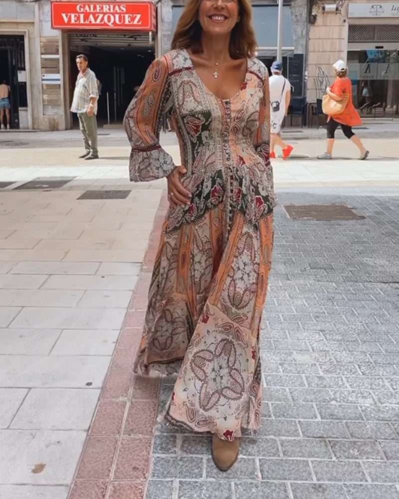 Langærmet kjole med V-udskæring og Paisley-print