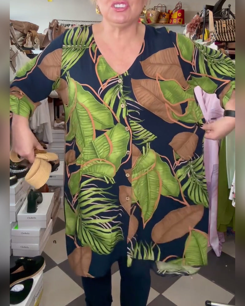 Løs Kjole Med Bladprint Og V-Udskæring