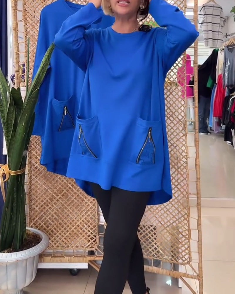 Ensfarvet lynlåslomme til sweatshirt med rund hals