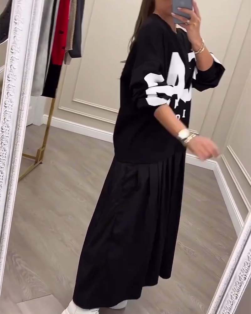 Plisseret Patchwork Kjole Med Bogstaver Casual Sweatshirt