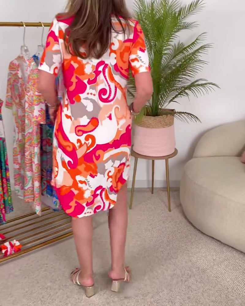 Jurk Korte Mouw Modieus Bedrukt Recht