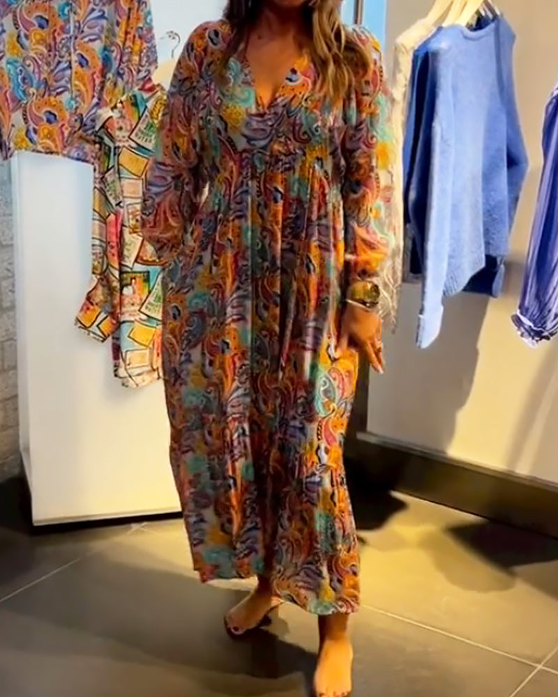 Print v-hals a-line maxi kjole