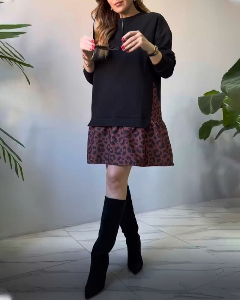 Patchwork sweaterkjole med leopardprint nederdel