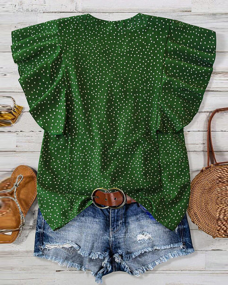 Bluse Flæseærme V-Hals Polka Dot