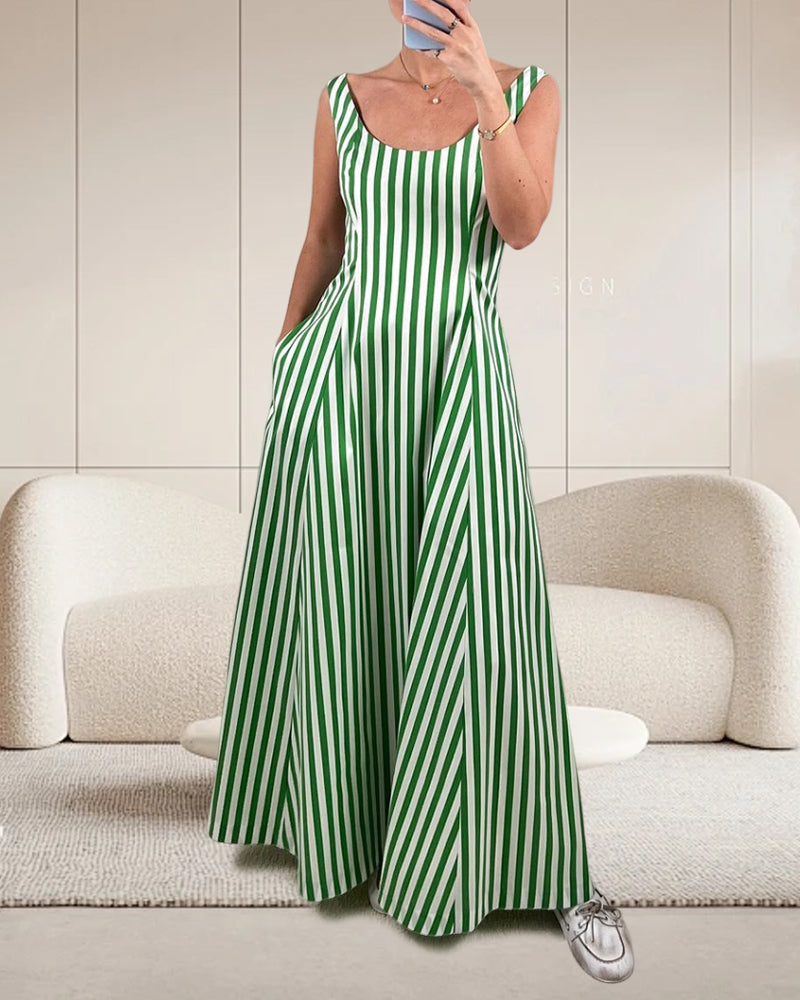 Stribet ærmeløs kjole med lommer