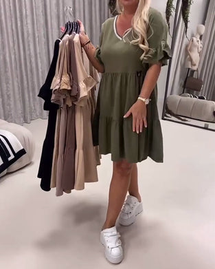 Kjole V-Udskæring Flæseærme A-Linje