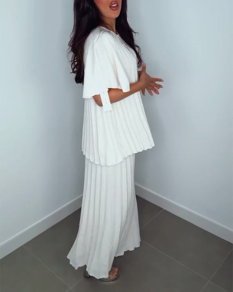 Ribmønstret to-delt sæt | Hvide bukser og bluse