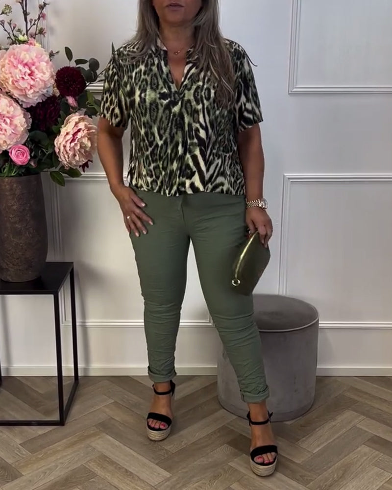 Bluse Mode Leopardprint Korte Ærmer