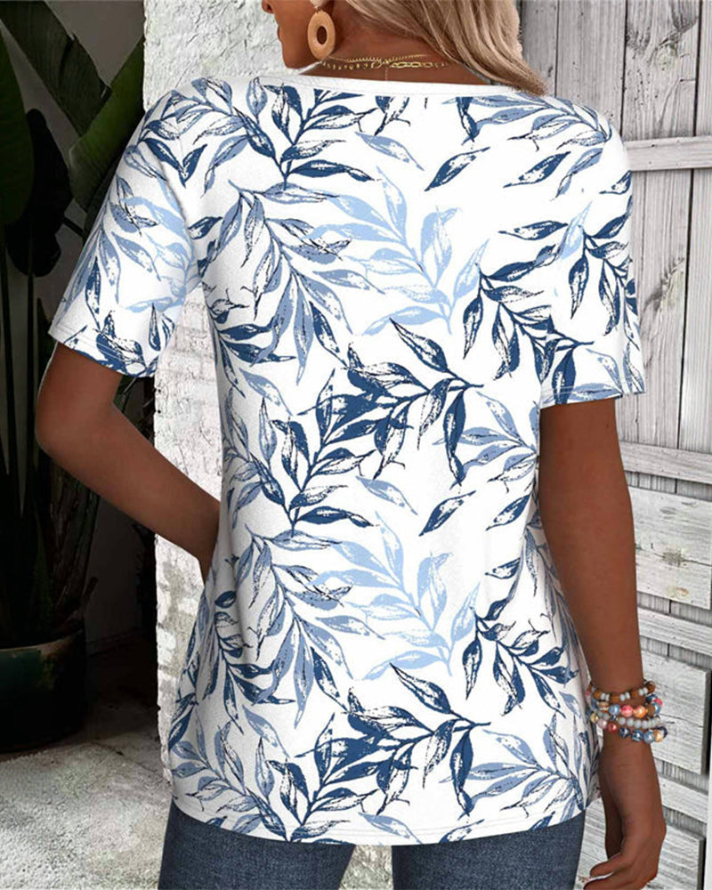 T-Shirt V-Hals Korte Ærmer Bambusbladprint