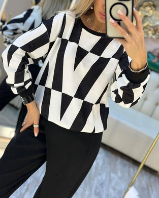 Sort/hvid sweatshirt med rund hals