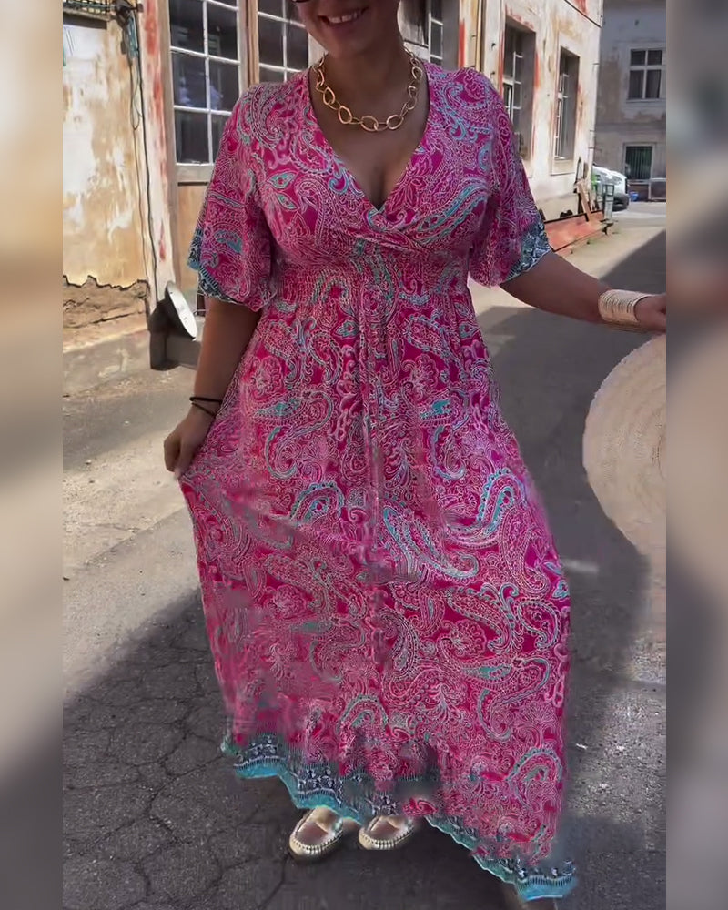 Kjole V-hals Trykt Talje