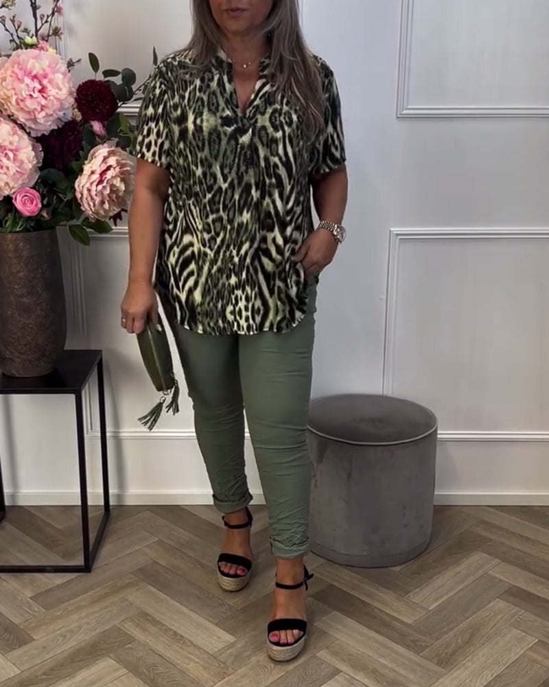 Bluse Mode Leopardprint Korte Ærmer