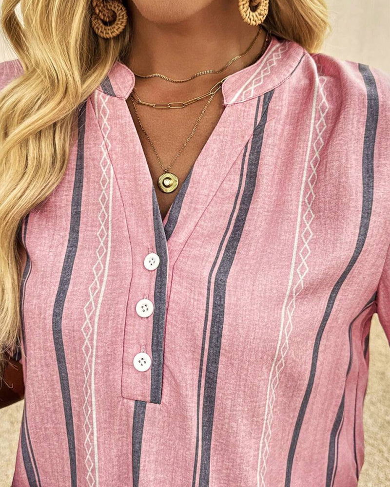 Bluse V-Hals Afslappet Stribet