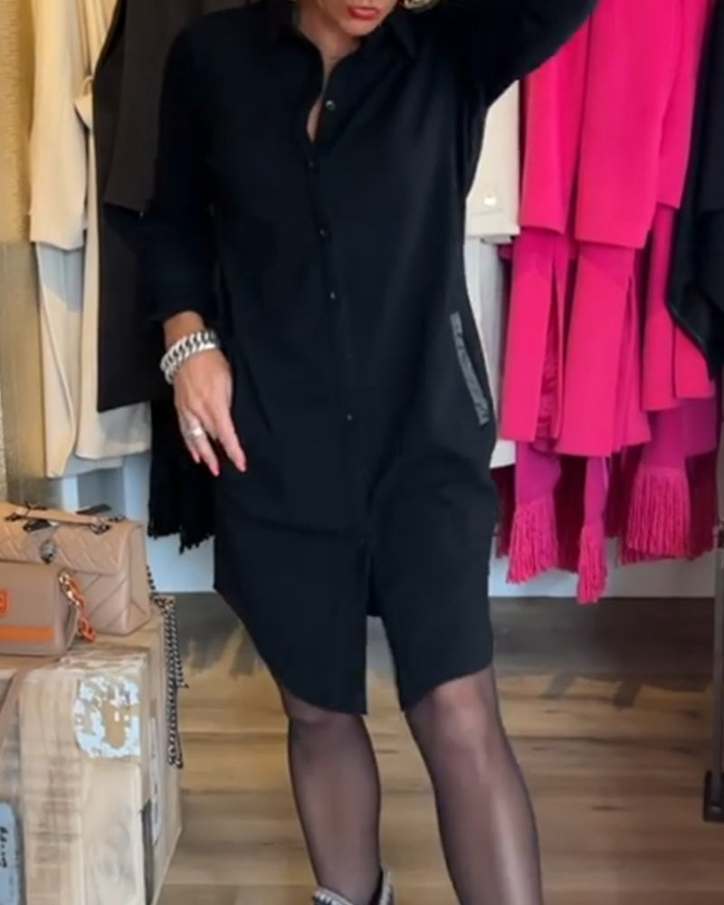 Ensfarvet skjortekjole med lommer