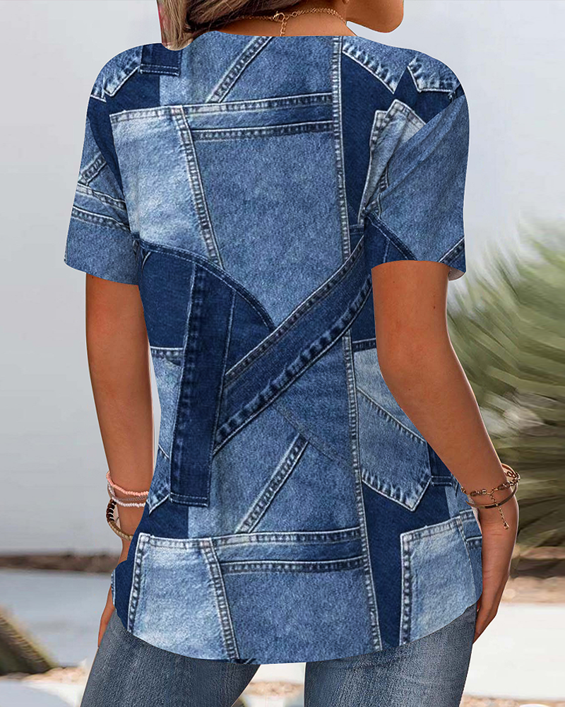 Bluse Vintage Denim Kontrast Udskæring