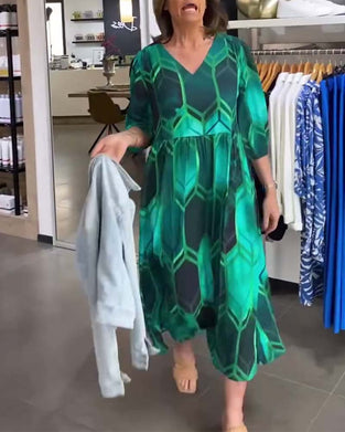 Grøn kjole med print og V-udskæring