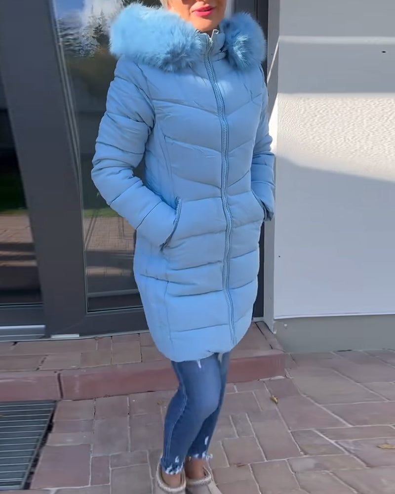 Ensfarvet vatteret jakke med lynlås og pelskrave