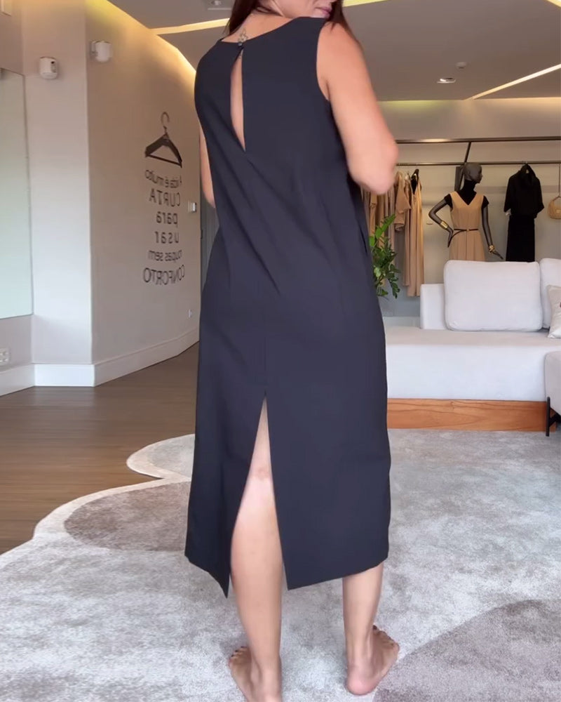 Kjole afslappet v-hals ærmeløs ensfarvet split