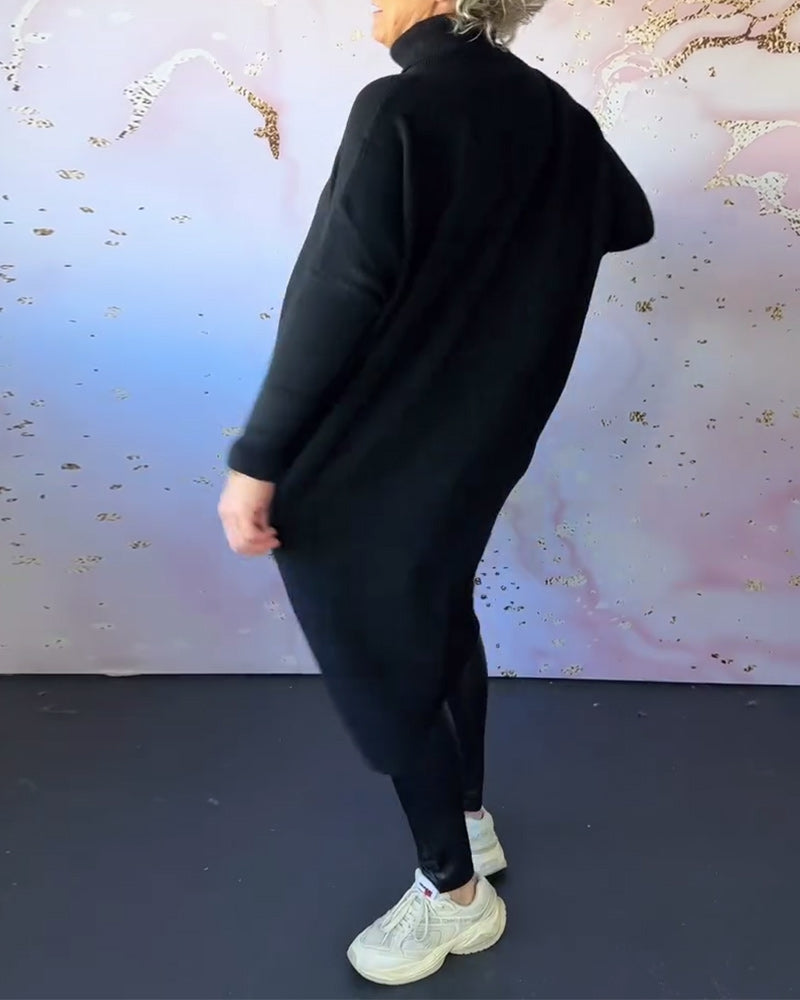 Afslappet ensfarvet langærmet pullover med høj krave