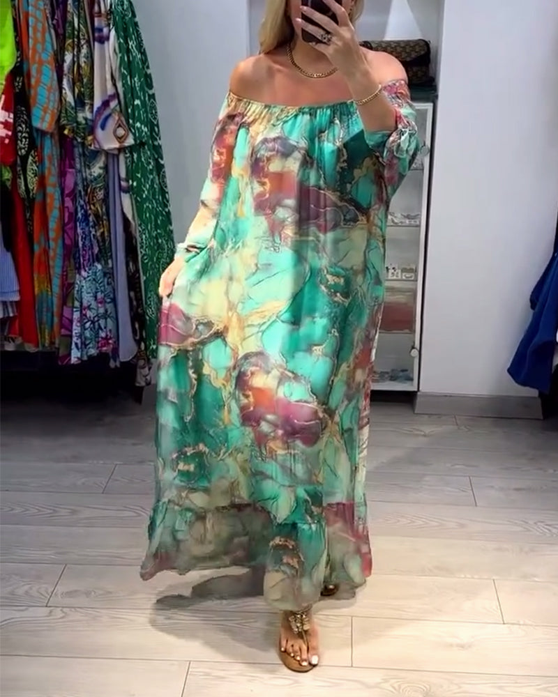 Off-shoulder kjole med blækprint i afslappet pasform