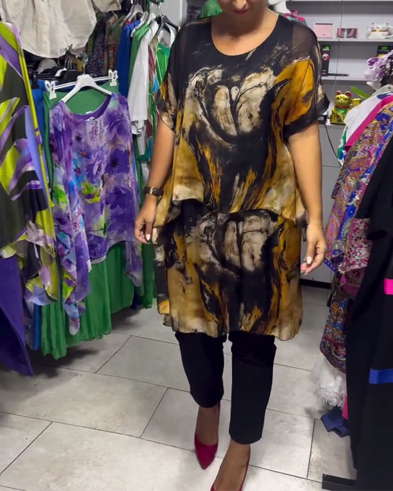 Top Rund Hals Løs Casual Trykt