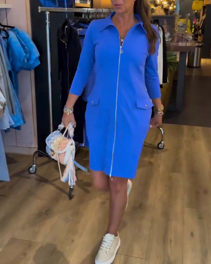 Kjole Revers Ensfarvet Lynlås Lang Ærme