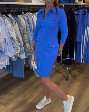 Kjole Revers Ensfarvet Lynlås Lang Ærme