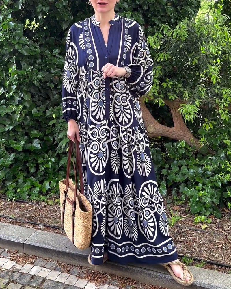 Langærmet kjole i løs pasform med retroprint