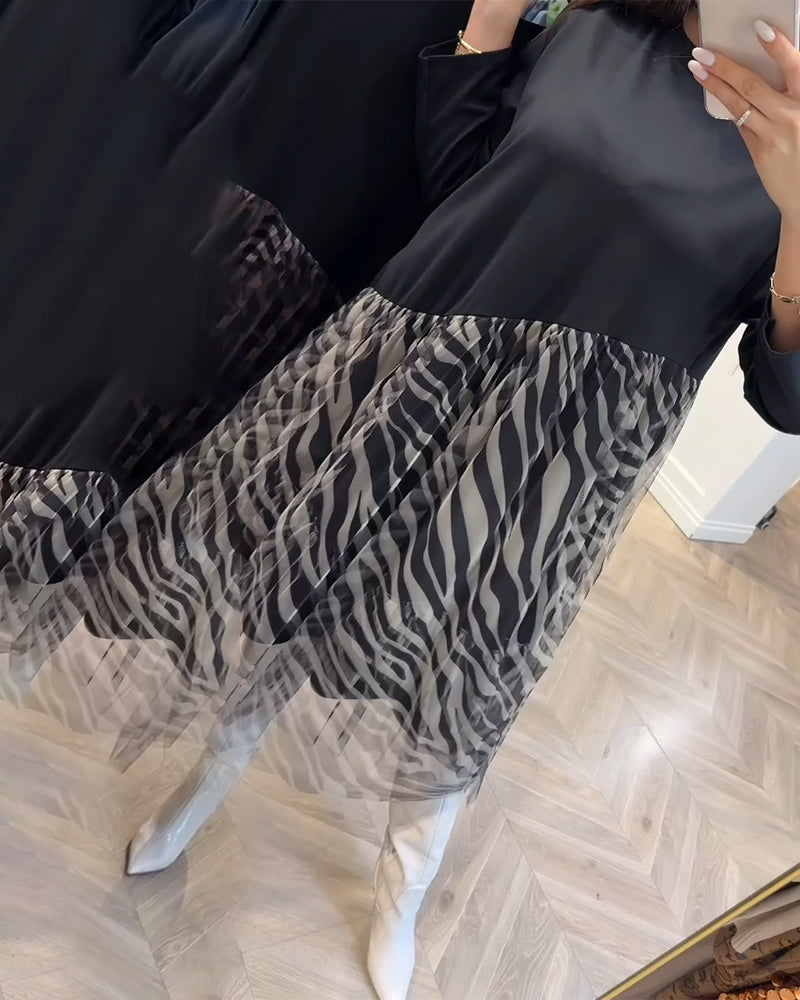 Kjole Rund Hals Patchwork Mesh Print