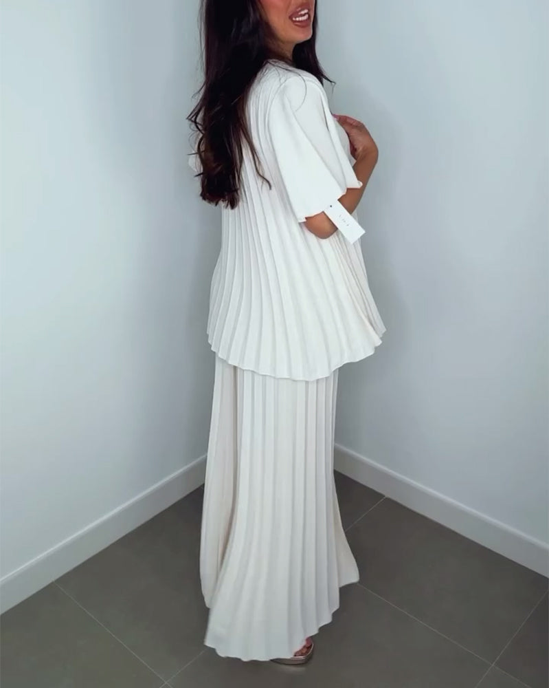 Ribmønstret to-delt sæt | Hvide bukser og bluse