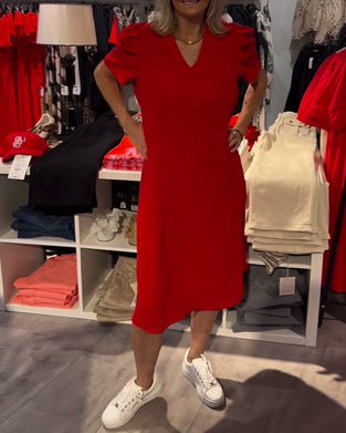 Kjole Puffærmer V-Hals Temperamentsfuld