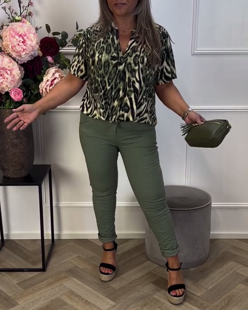 Bluse Mode Leopardprint Korte Ærmer