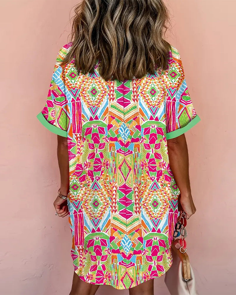 Kjole Med Revers Farverigt Trykt Skjorte