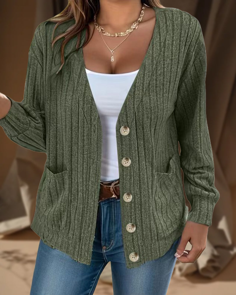 Ensfarvet V-halset langærmet cardigan