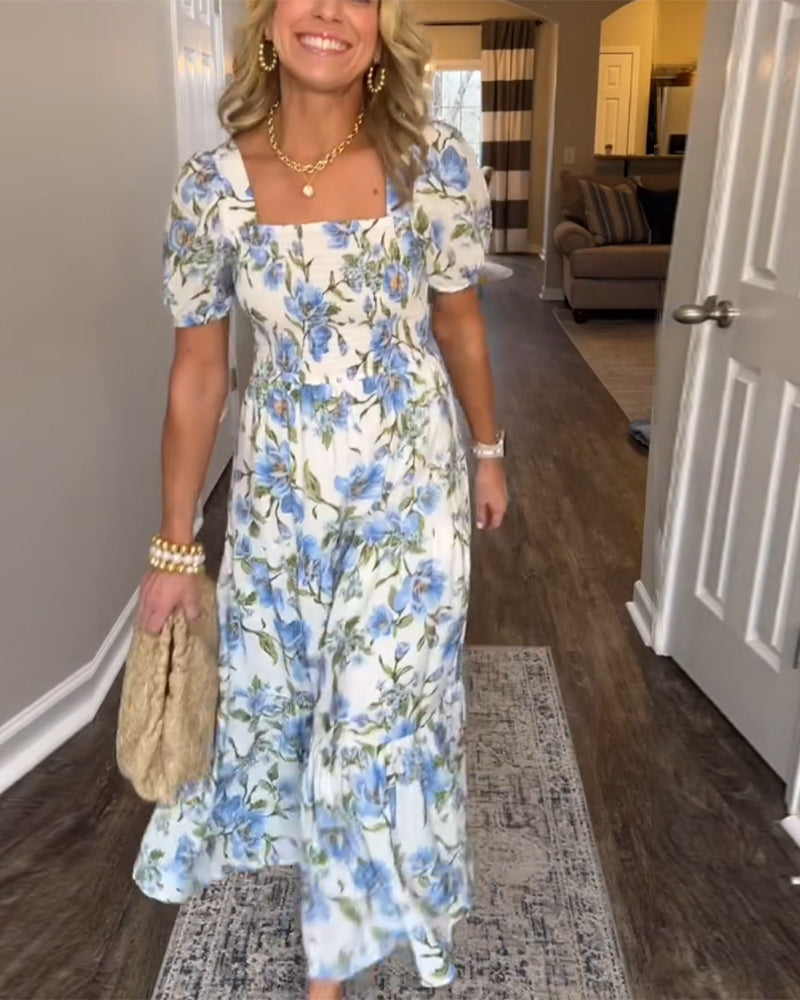 Kjole Firkantet Udskæring Plisseret Blomstret A-Linje